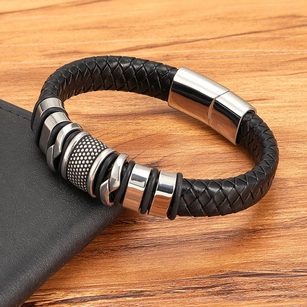 Retro Stainless Steel Leather Bracelet