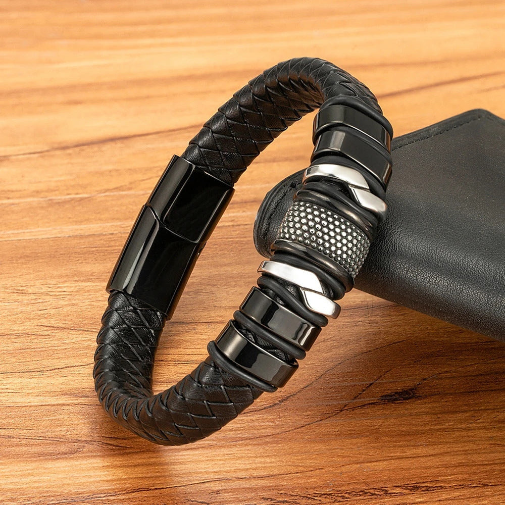 Retro Stainless Steel Leather Bracelet